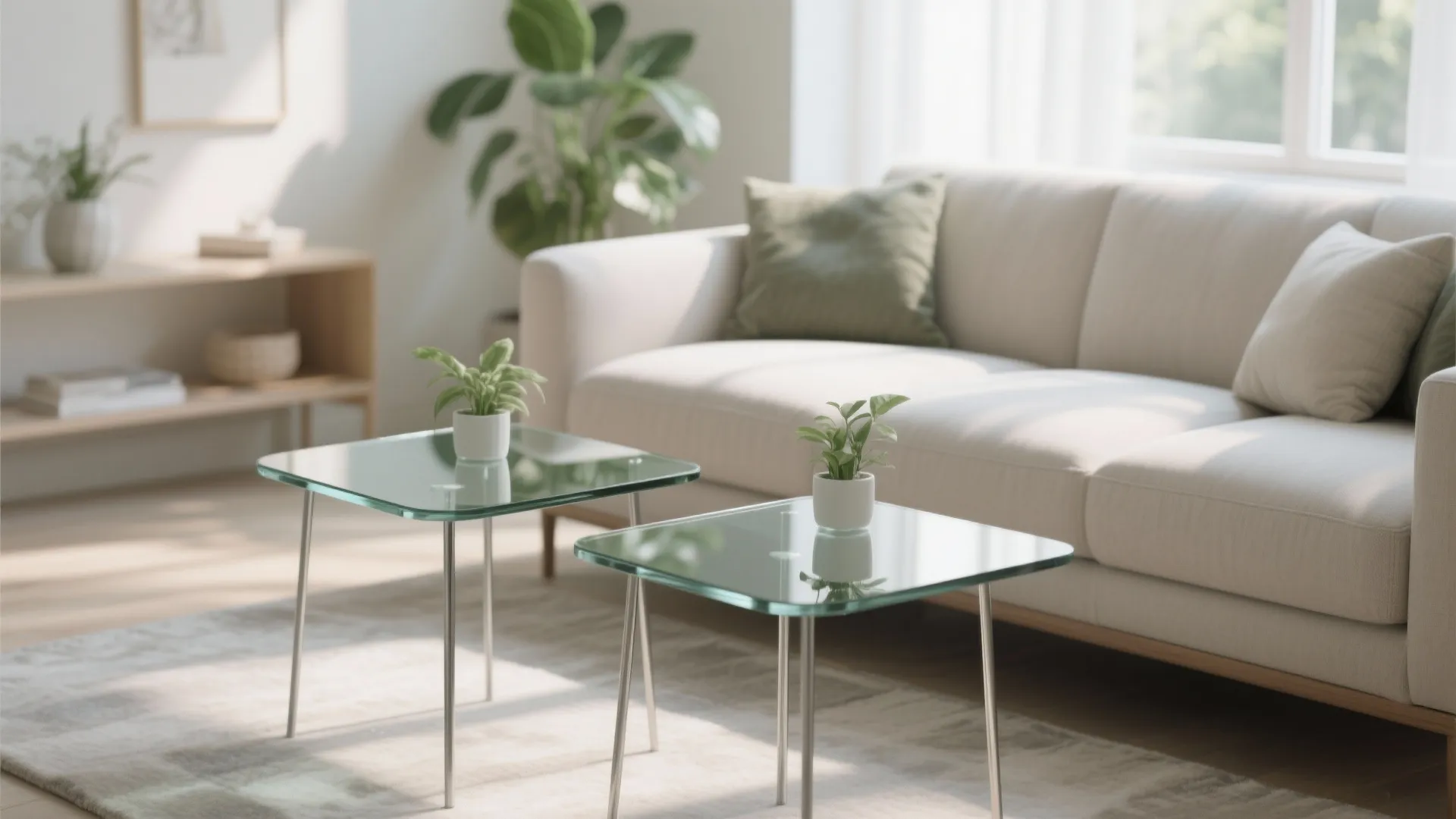 Modern glass-top side tables adding lightness to decor