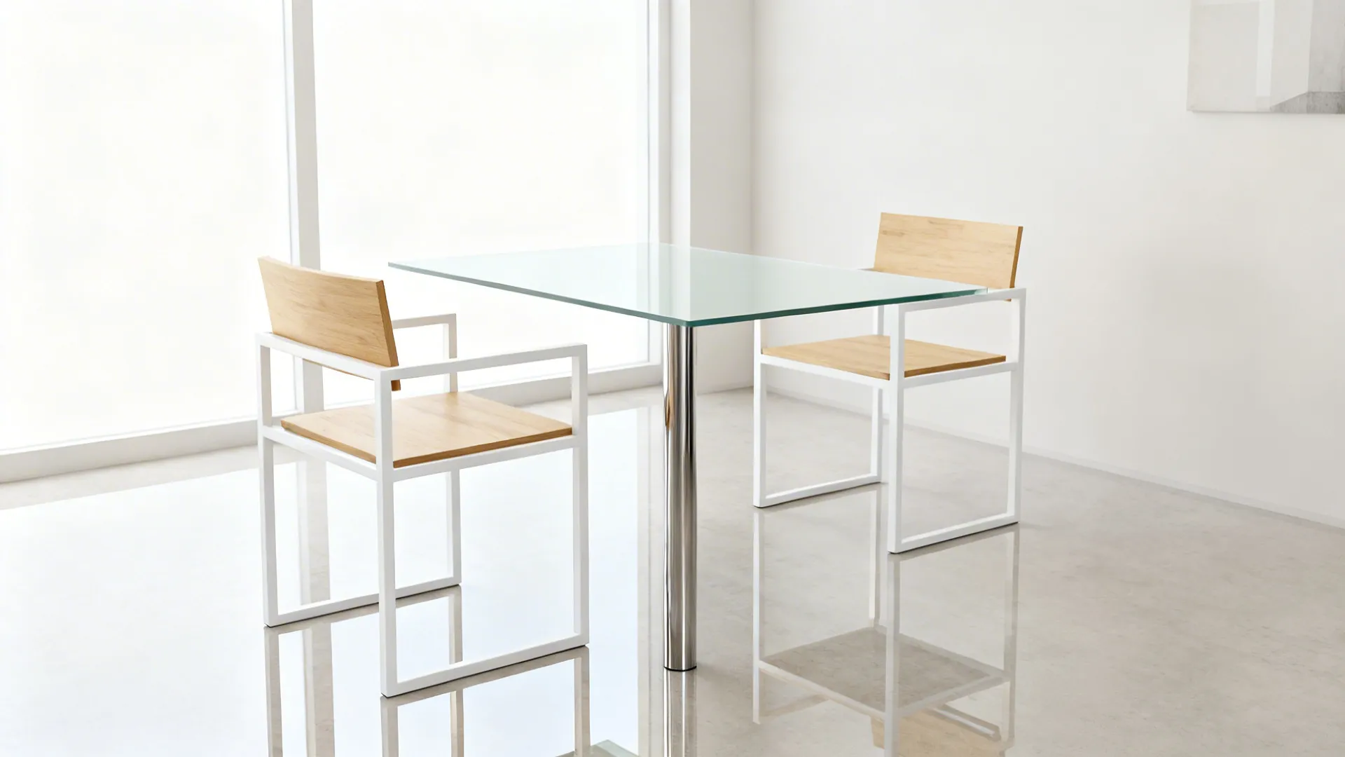 Glass or light-toned tabletop with slim metal legs