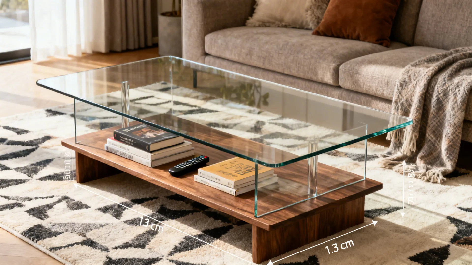 Glass coffee table with a walnut storage shelf below in a warm modern living room.