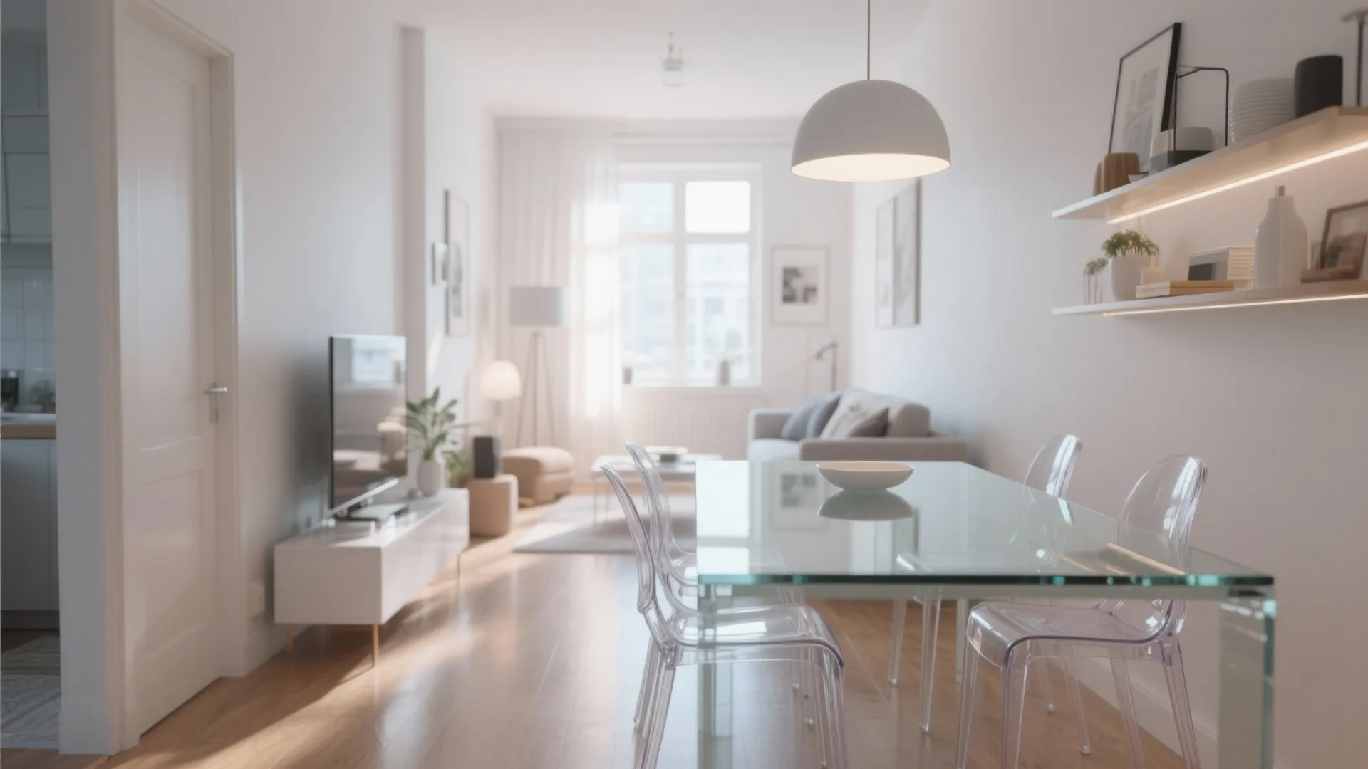 Bright white living room with glass dining table clear plastic chairs and white ceiling light fixture