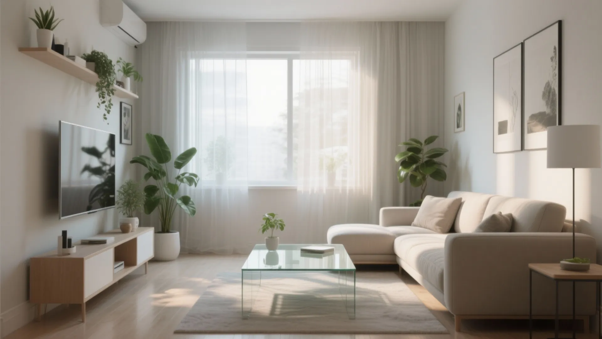 Bright living room with glass coffee table, beige sofa, wooden TV stand, plants, and curtains