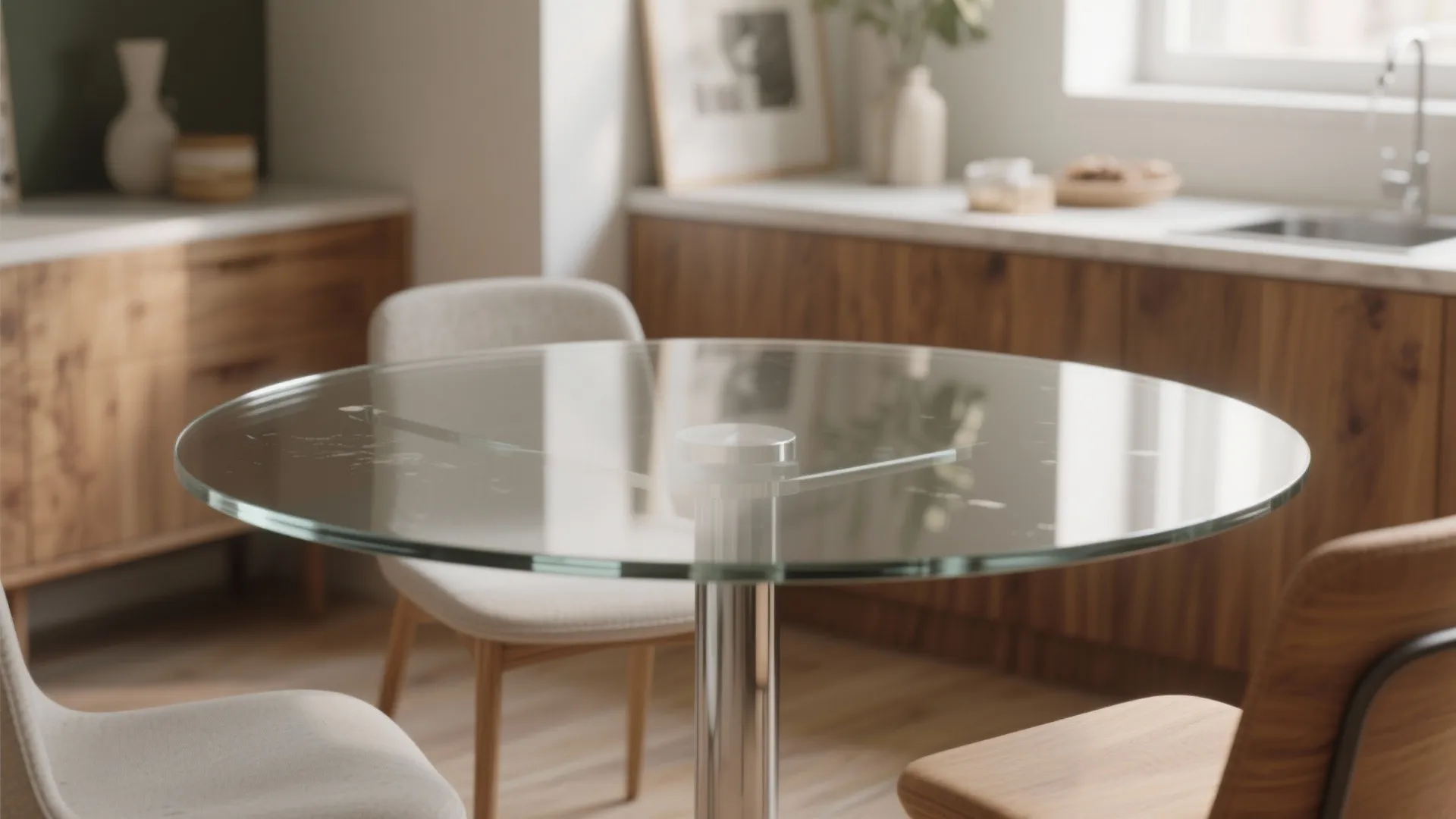 3. Glass-top round table to keep sightlines open