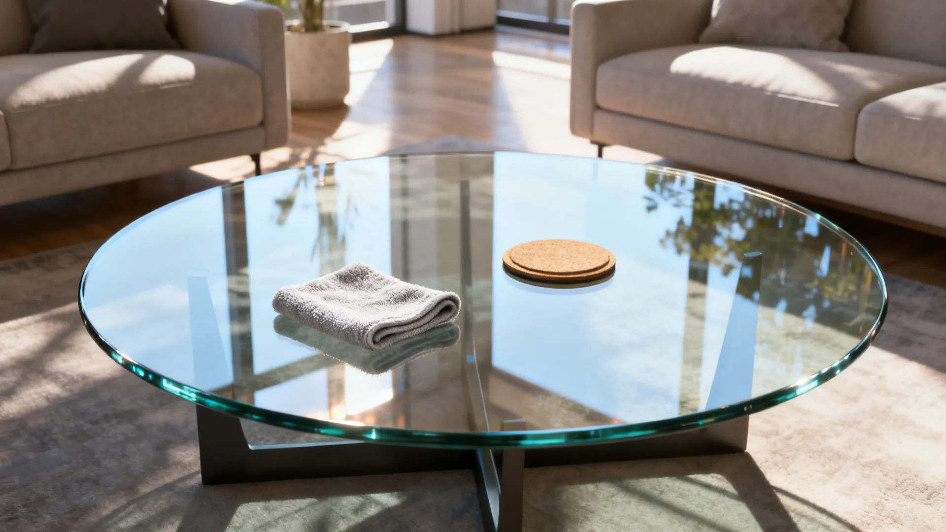 Round glass-topped coffee table reflecting light to make a small living room feel larger.