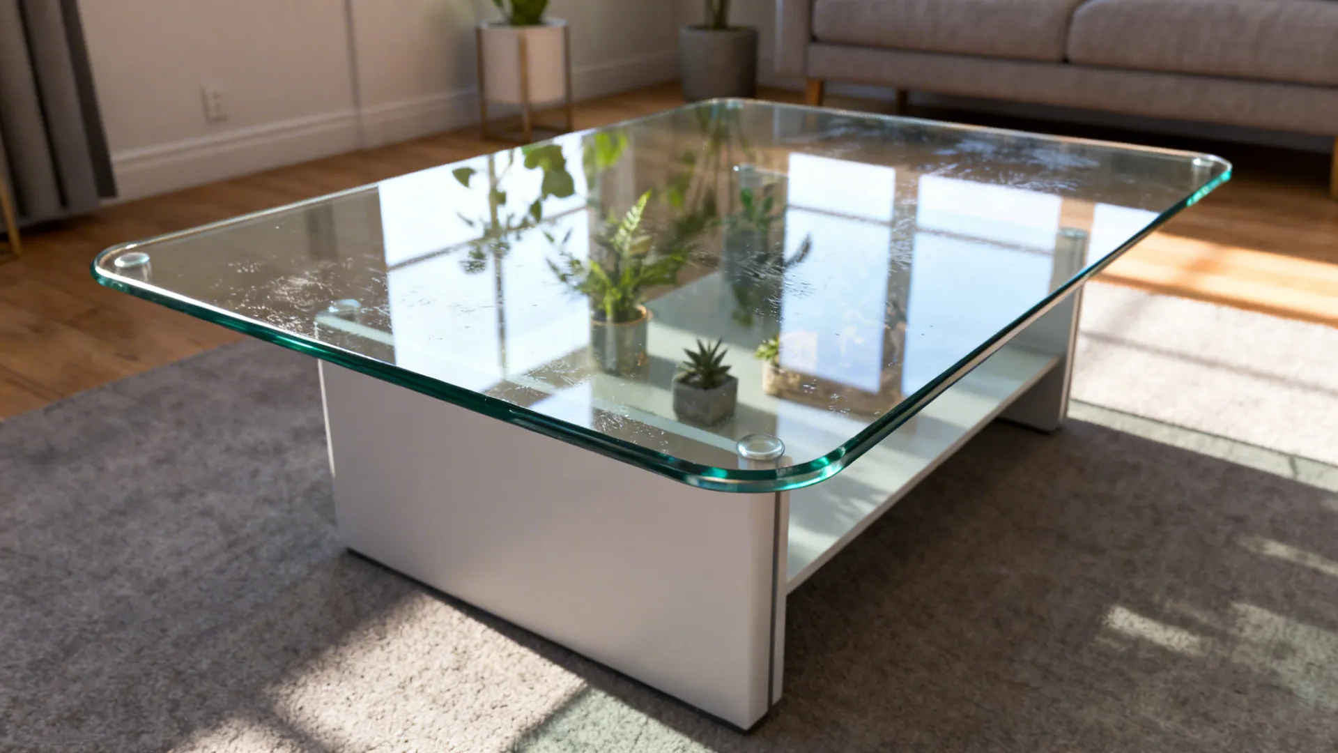 Tempered glass-top coffee table that keeps sightlines open in a small living room.