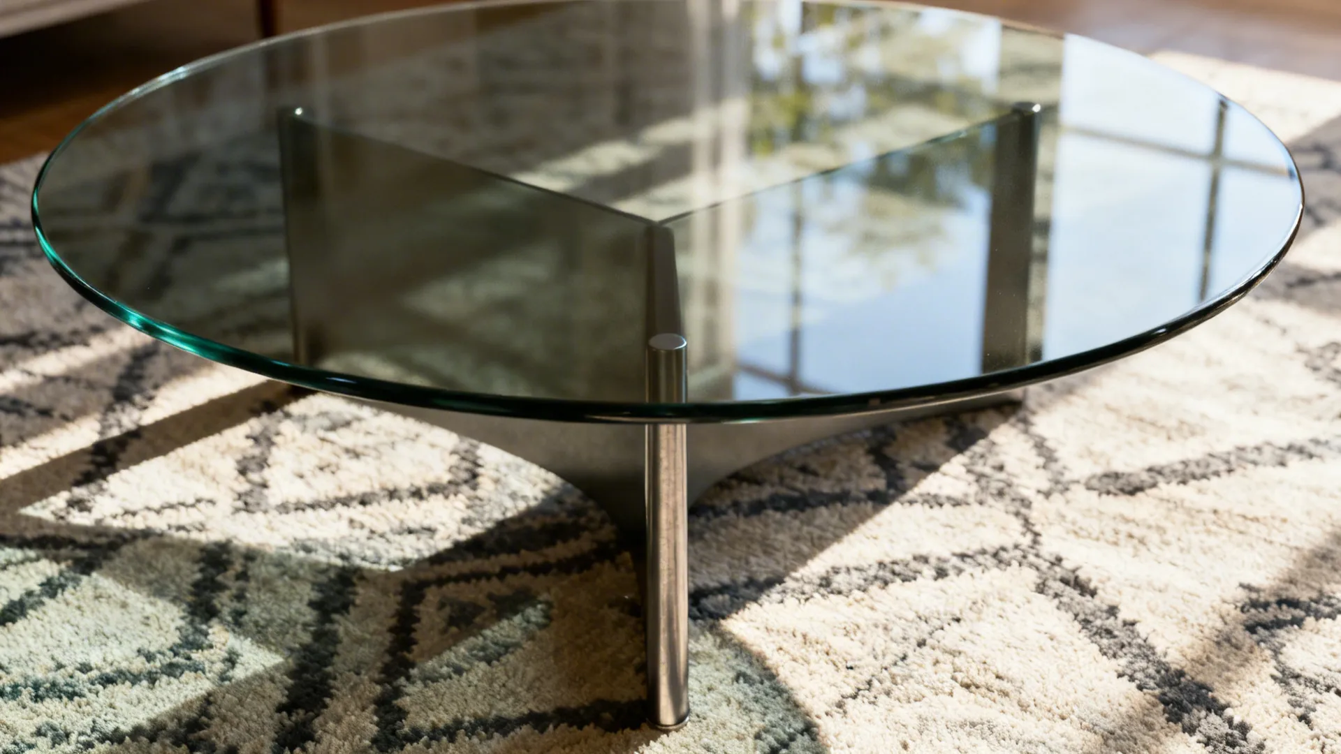 Round glass coffee table with metal legs sitting on a patterned rug in sunny room