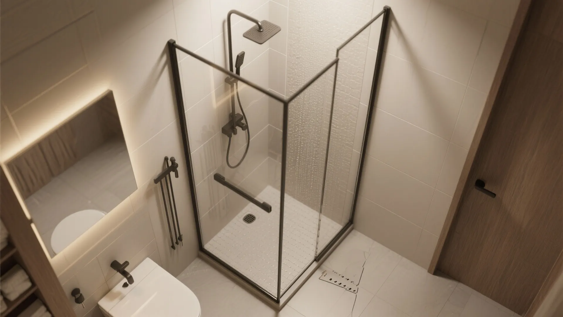 Top view of small bathroom with glass shower stall black shower head toilet and mirror