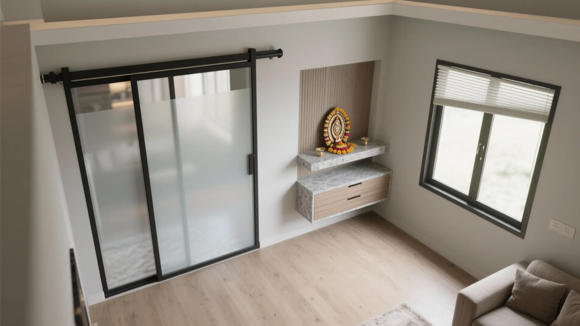Glass-partitioned pooja corner with sliding screen