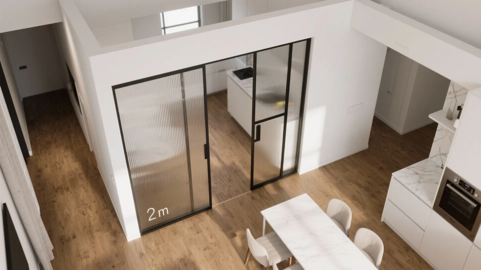 Glass partitions to carry light, contain fumes
