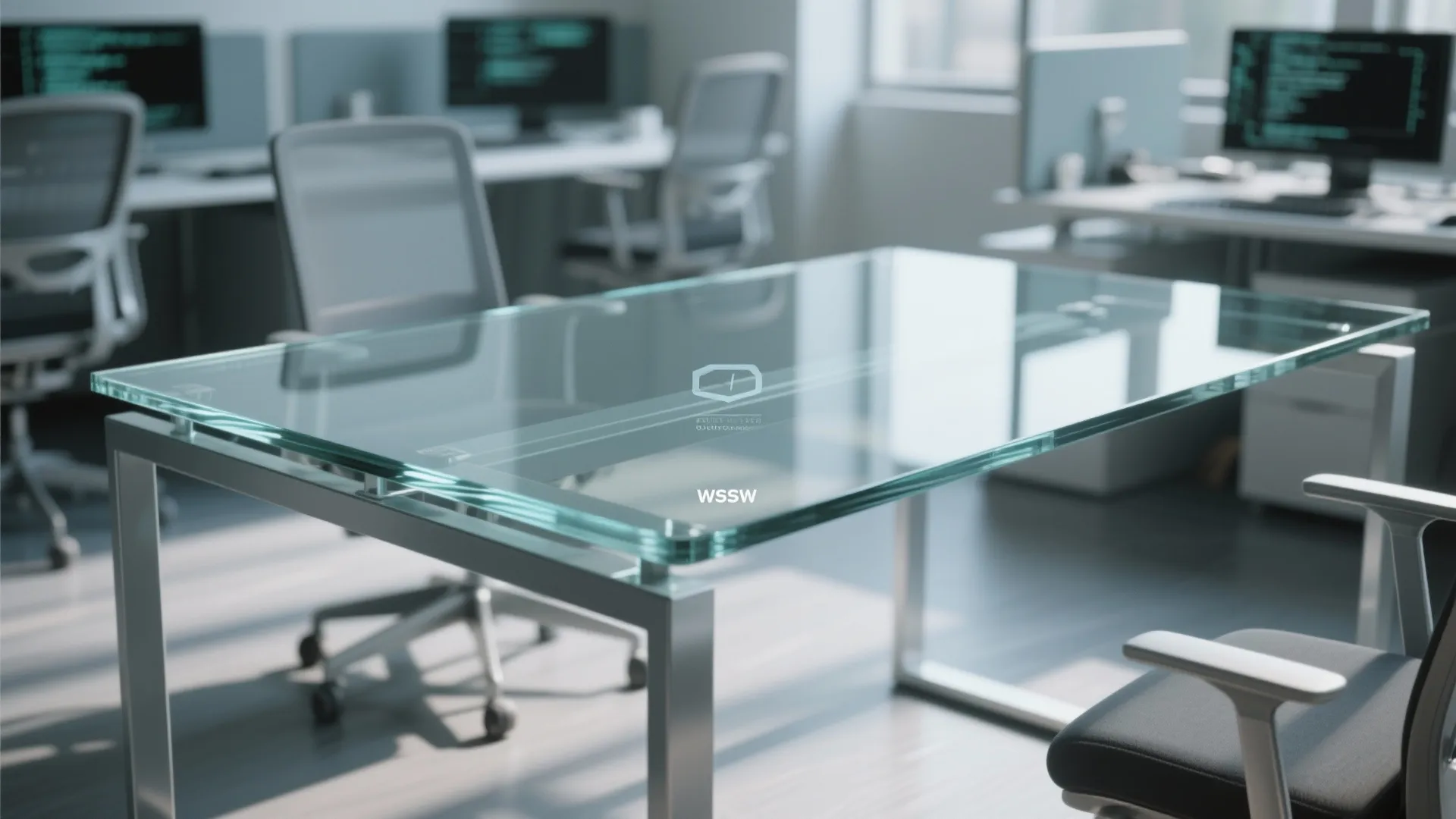 现代IT办公室中带磨砂边的玻璃办公桌，时尚简洁