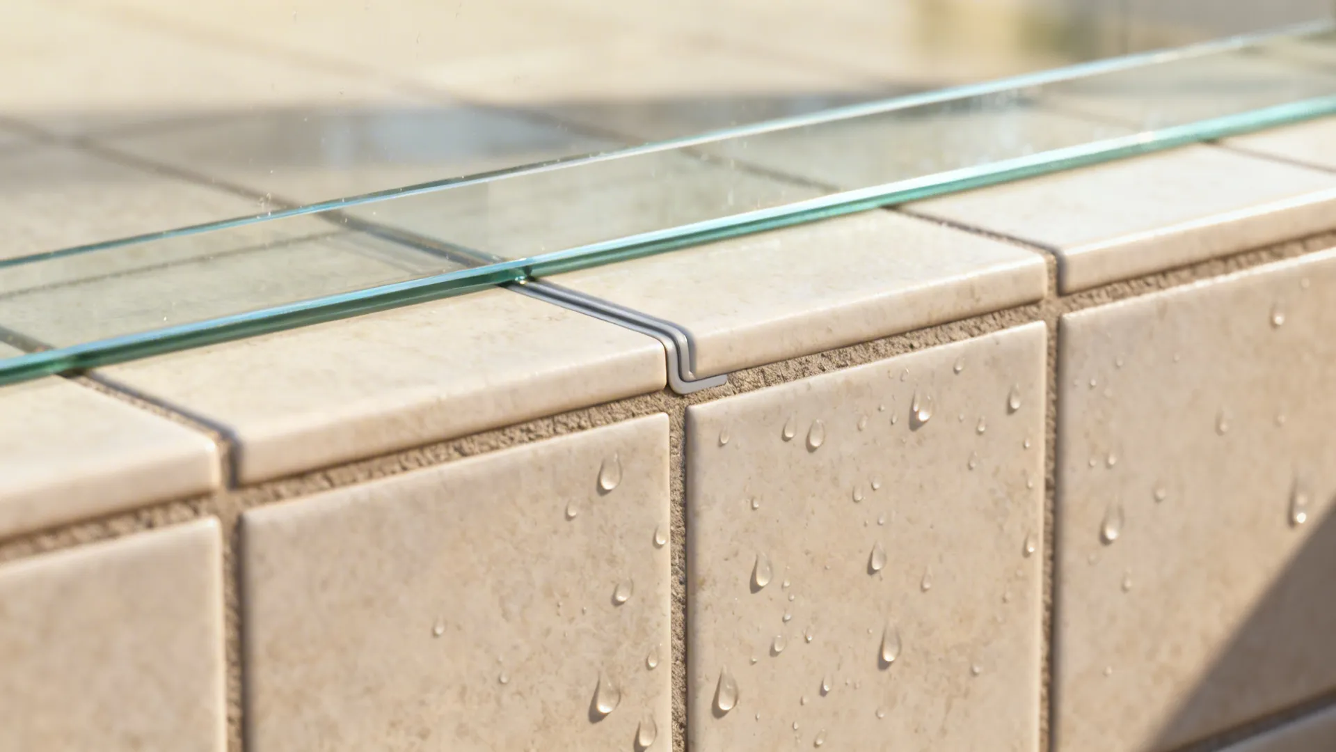 Close-up of a tiled half wall capped with clear glass showing sealed joint and flashing detail.