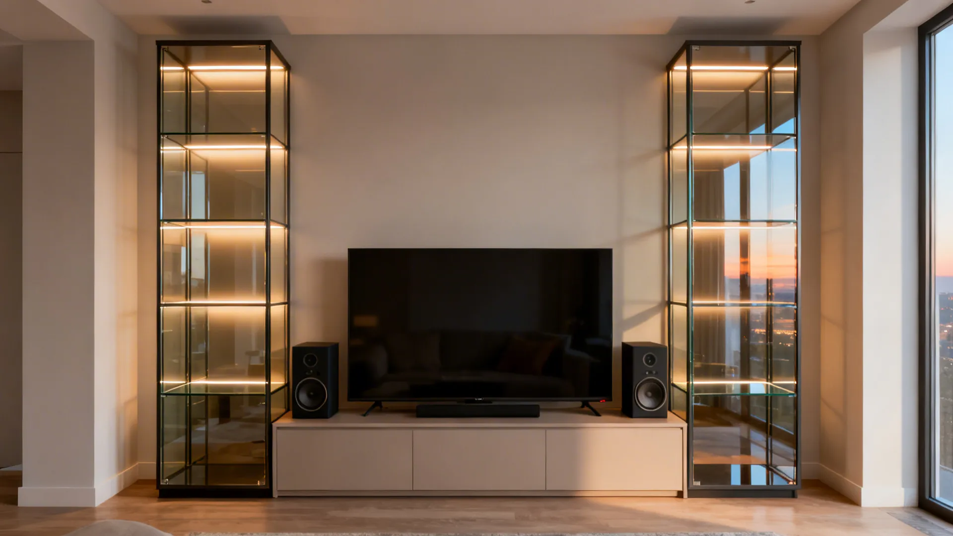 4) Tall glass display towers flanking a low media base