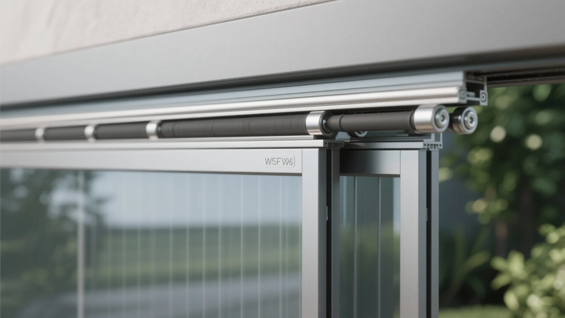 Close up of metal sliding door track system with rollers and glass panels for balcony