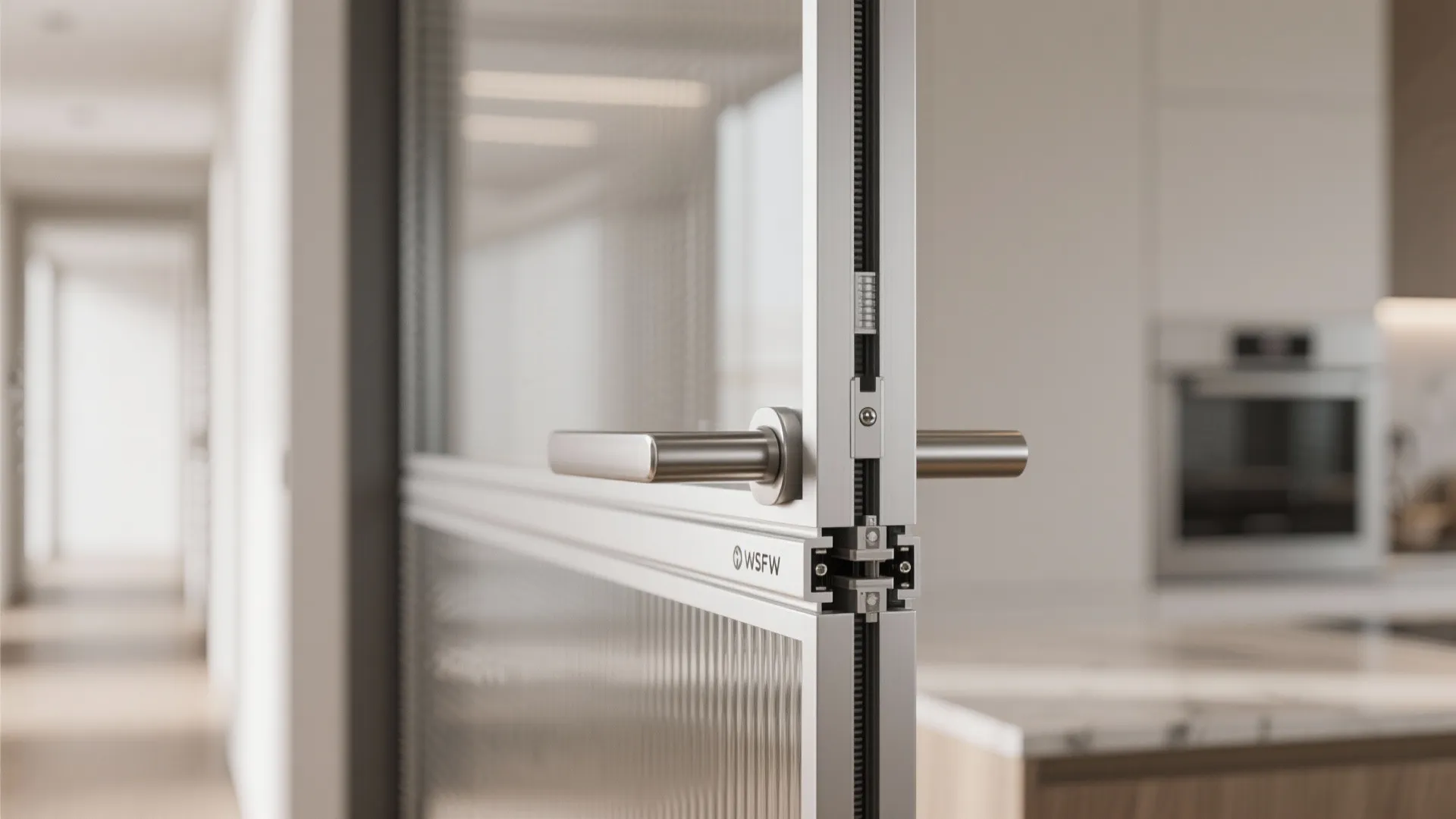 Close up view of a silver door handle on a glass door with metal frame