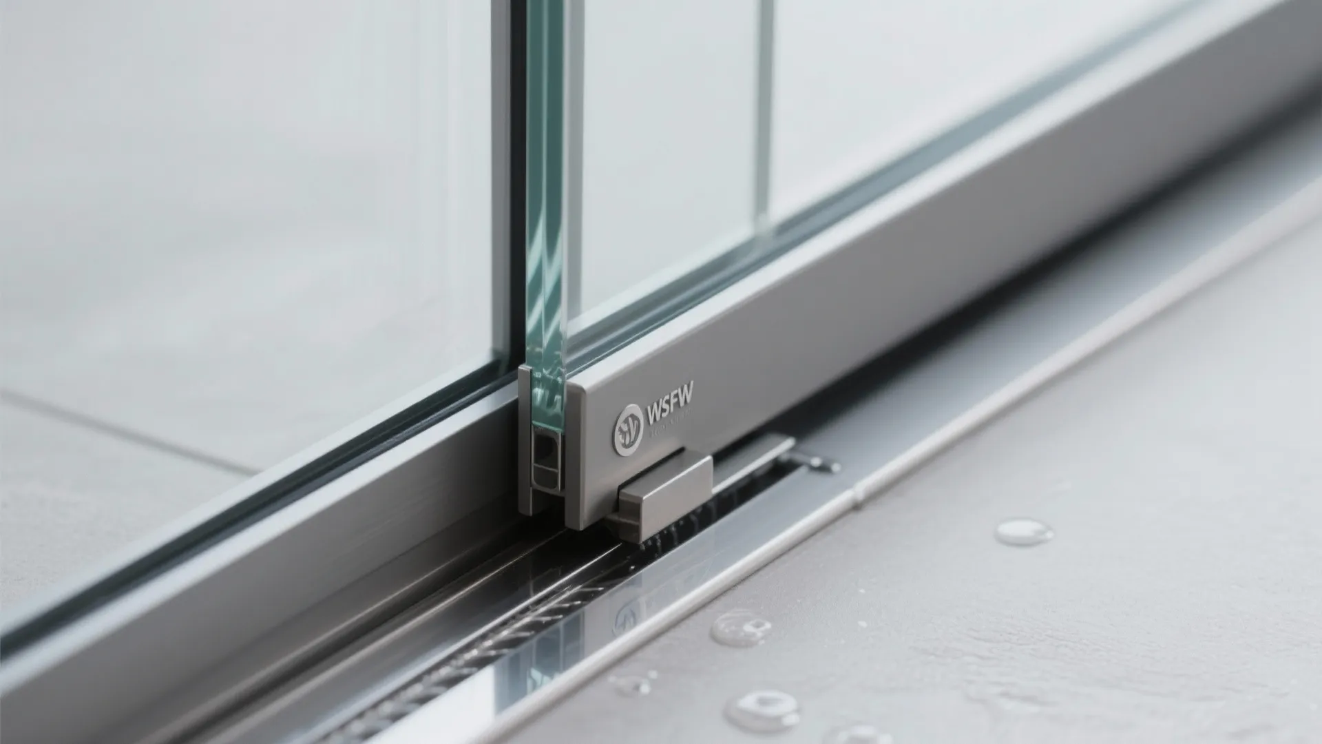 Macro of frameless glass slider edge with slim aluminum track and threshold drain detail.