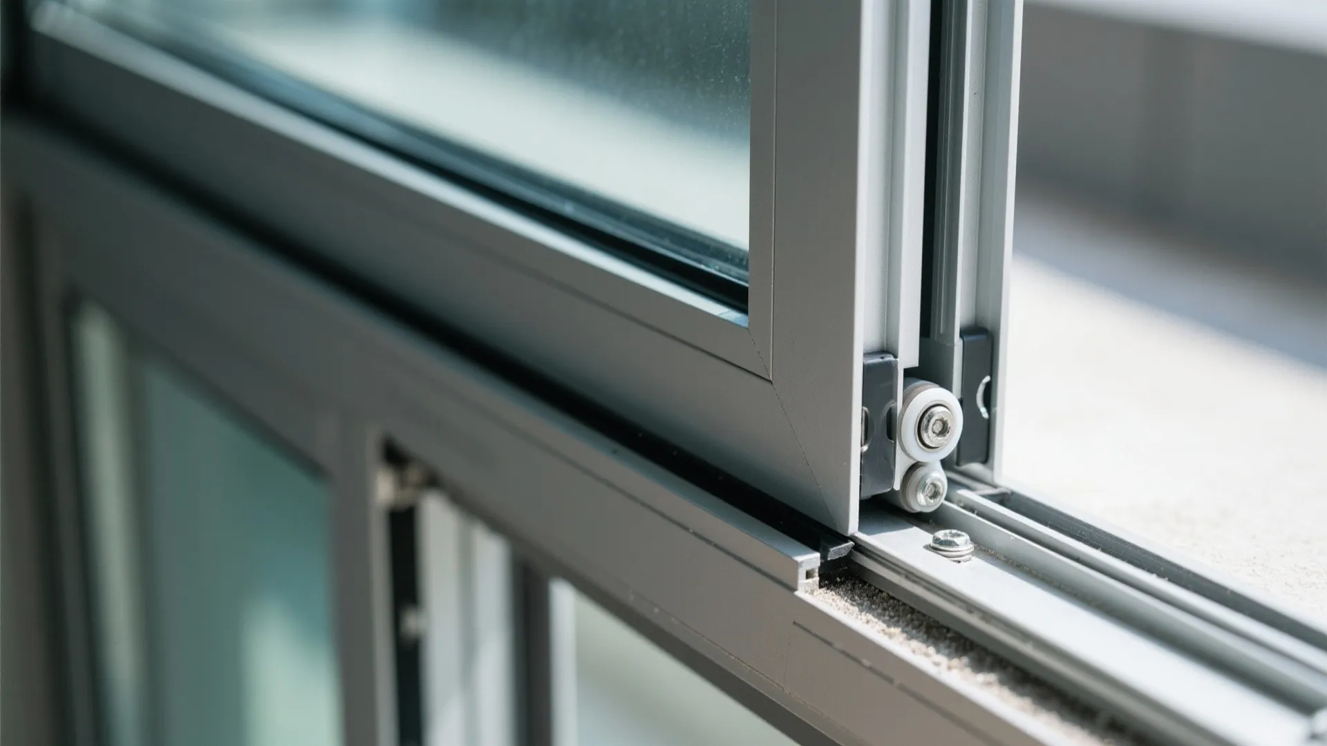 Macro of sliding glass track with anodized aluminum frame and smooth rollers.