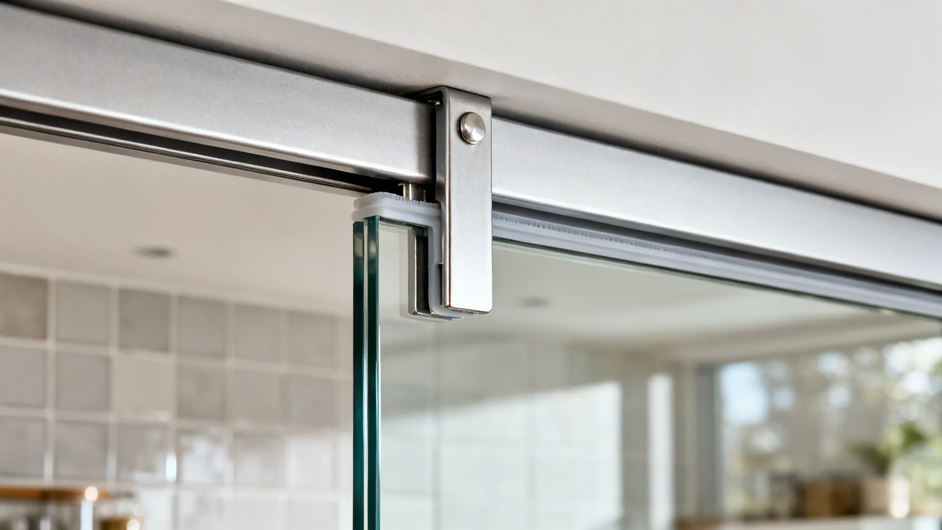 Close up detail of a sliding glass door with metal track and silver bracket hardware