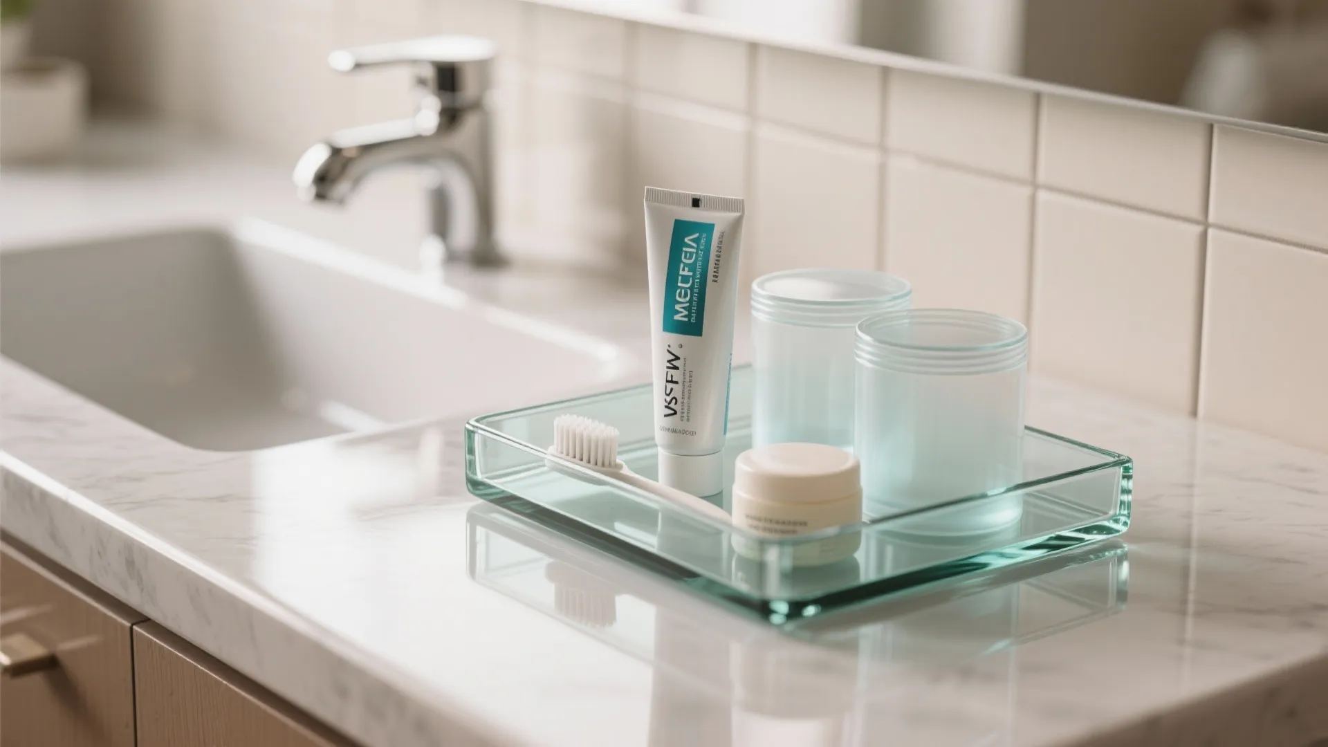 Glass tray on marble bathroom counter with toothpaste toothbrush and small jars near white sink