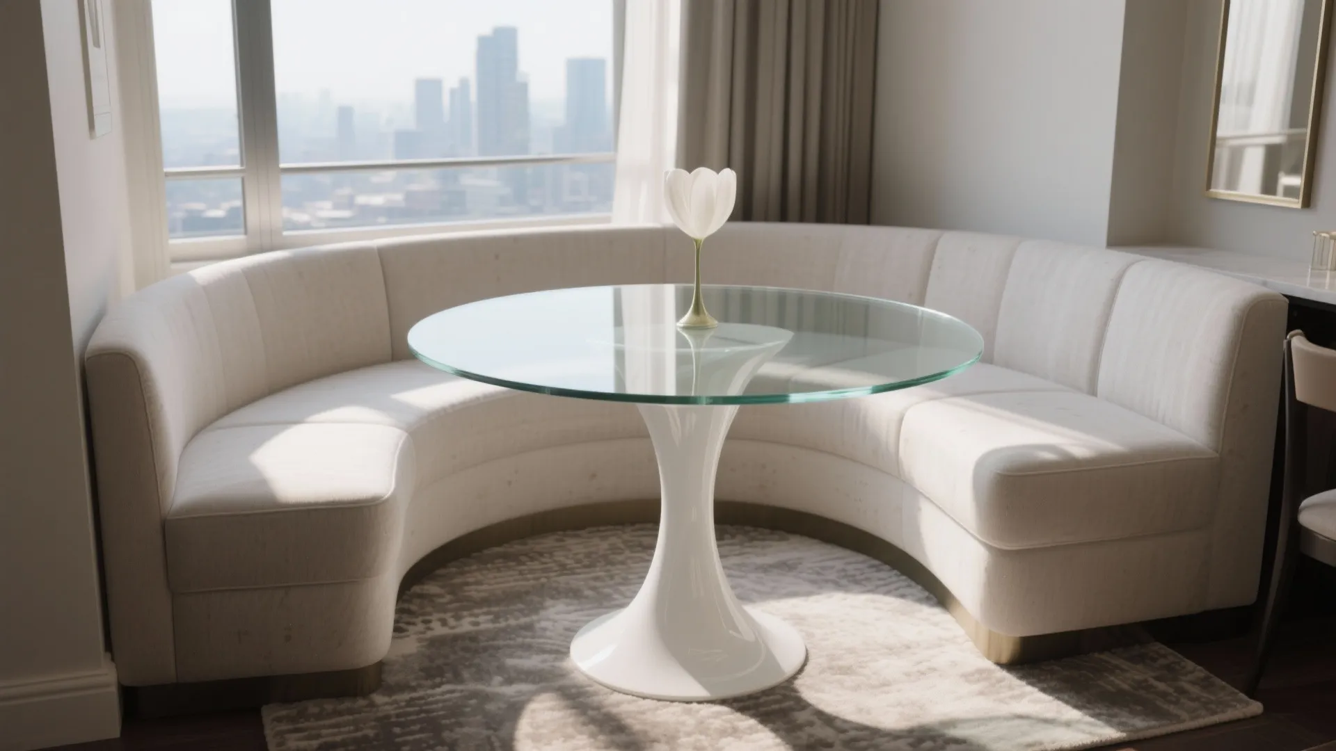 Modern curved white sofa and glass dining table set against a large city view window