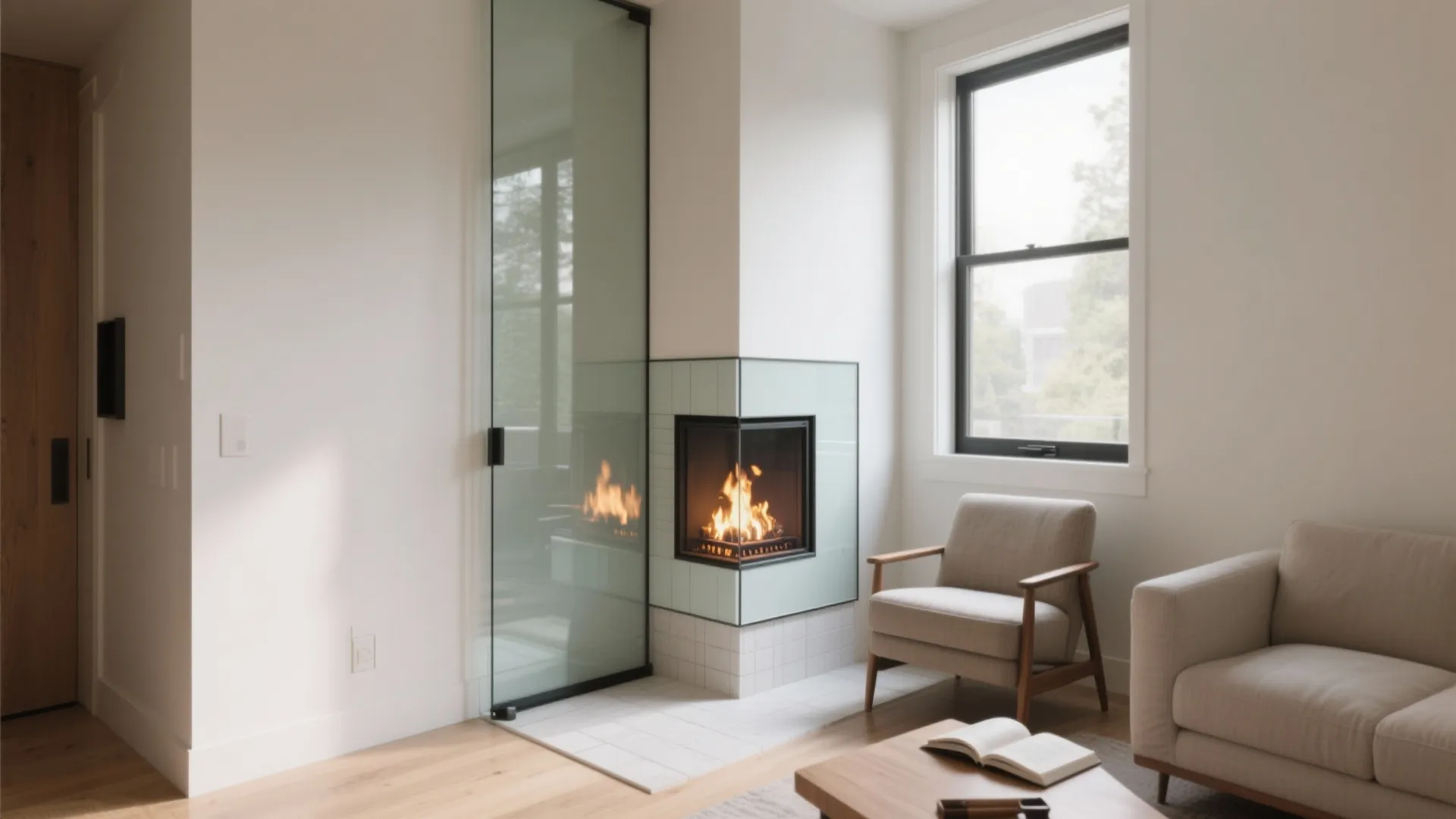 Two-sided glass corner gas fireplace in a small room, visible from sofa and reading chair for an airy peninsula feel.
