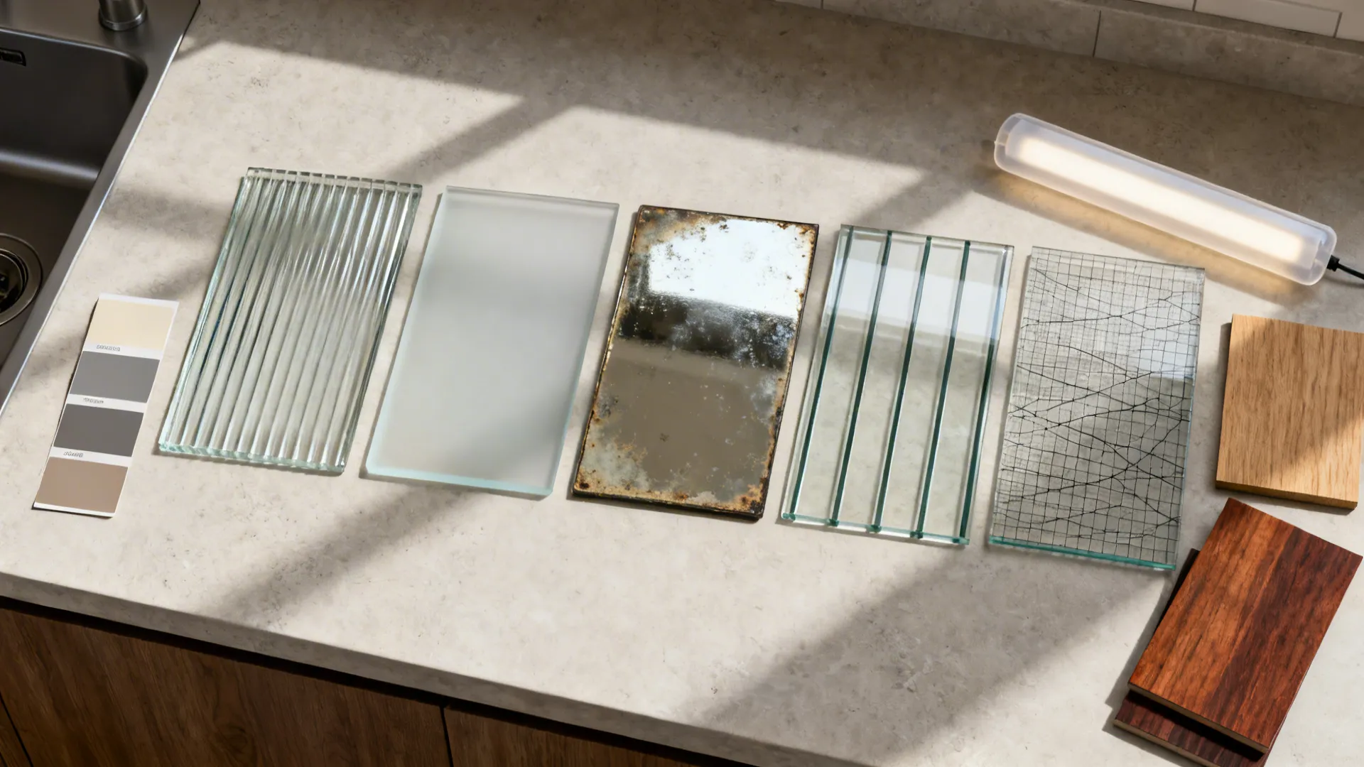 Top-down view of five decorative glass samples with coordinating materials on a counter.