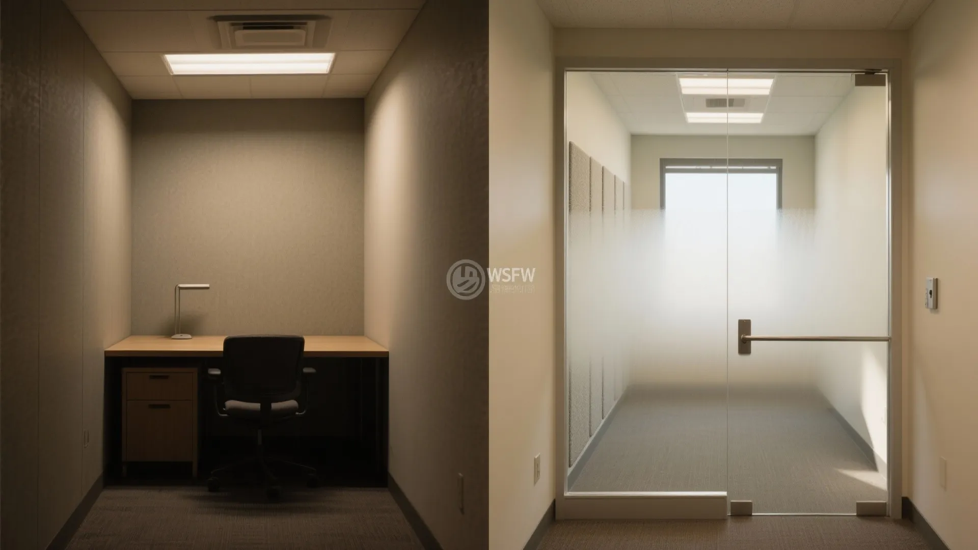 Before-and-after view replacing a solid wall with gasketed glass and frosting to borrow daylight and reduce noise.