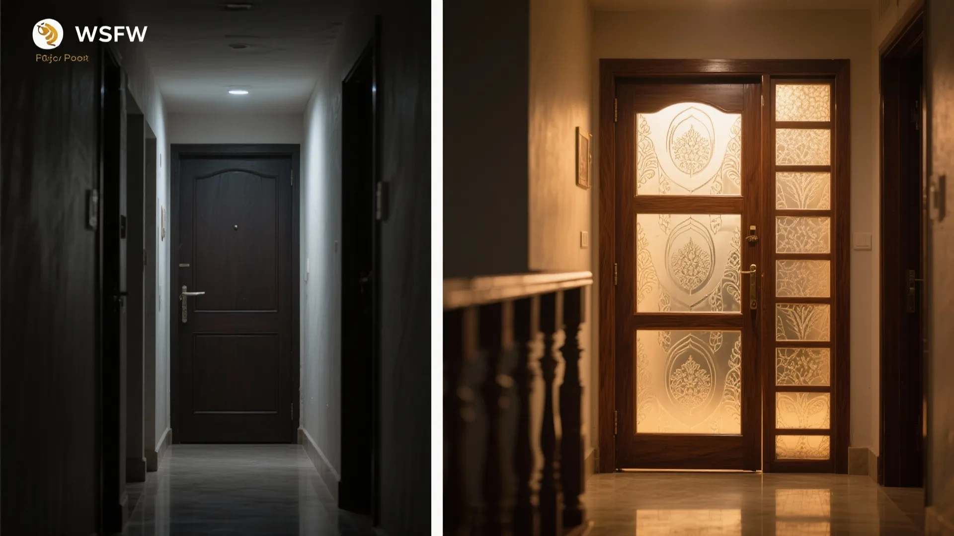 Side by side comparison of a plain dark wooden door and decorative frosted glass door