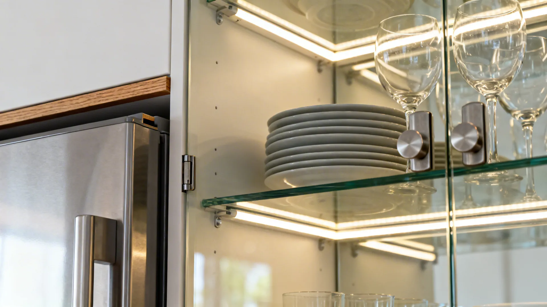 Close-up of LED-lit glass-front upper showing plates and stemware beside a fridge.