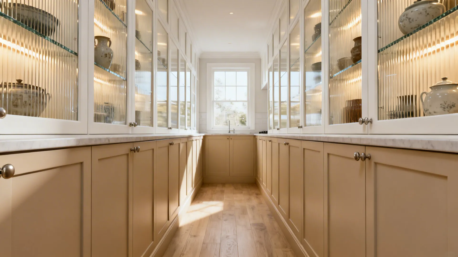 Narrow galley with full-height cabinets and illuminated reeded-glass uppers to the ceiling.