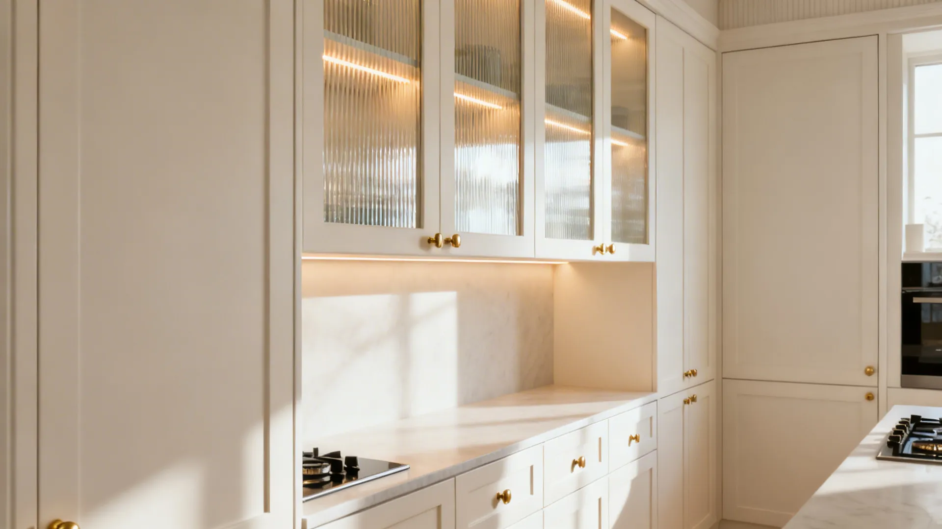Refaced warm white cabinets with reeded glass upper inserts and soft LED lighting.