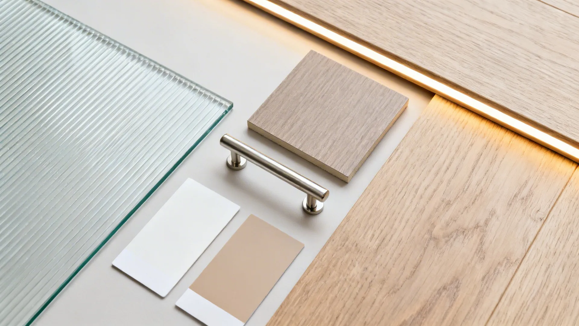 Top-down materials: reeded glass, warm neutrals paint, oak plank, and brushed nickel hardware.