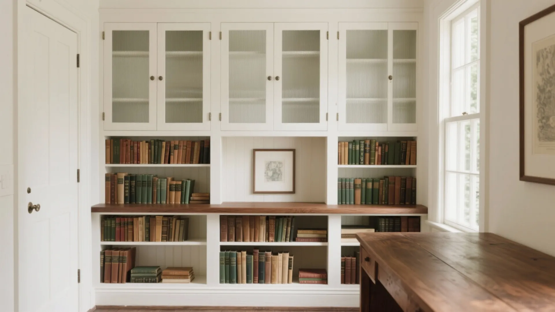 A Balanced Mix: Open Shelves and Glass-Front Uppers