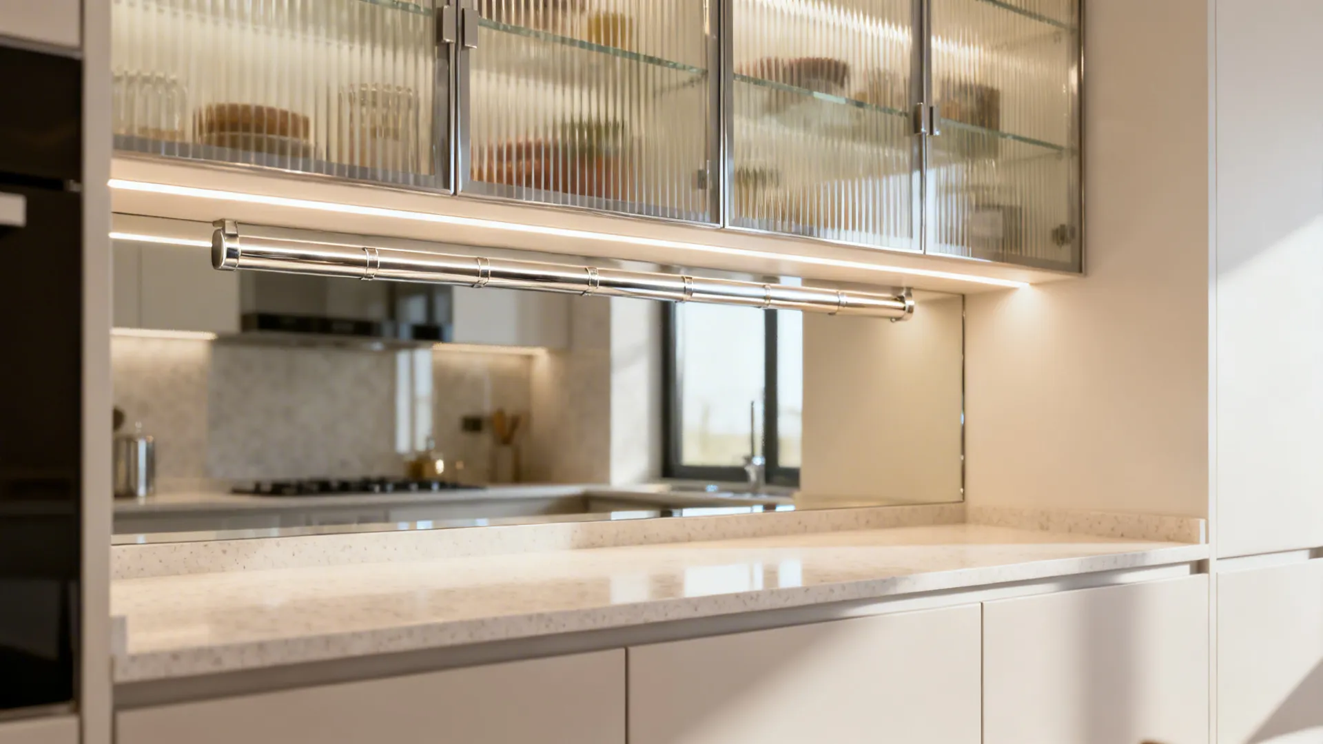 Compact kitchen with fluted glass uppers, warm LED lighting, and subtle reflective accents.