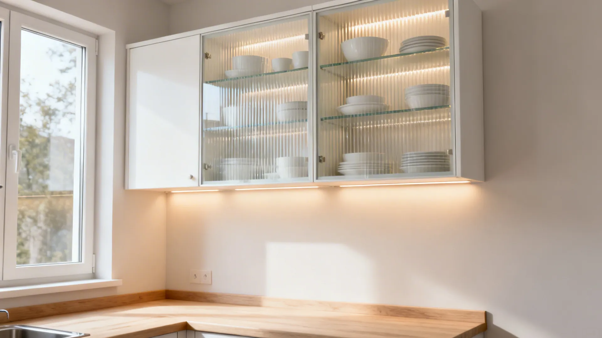 Small galley kitchen with lit glass-front uppers near a window and matte white cabinets.