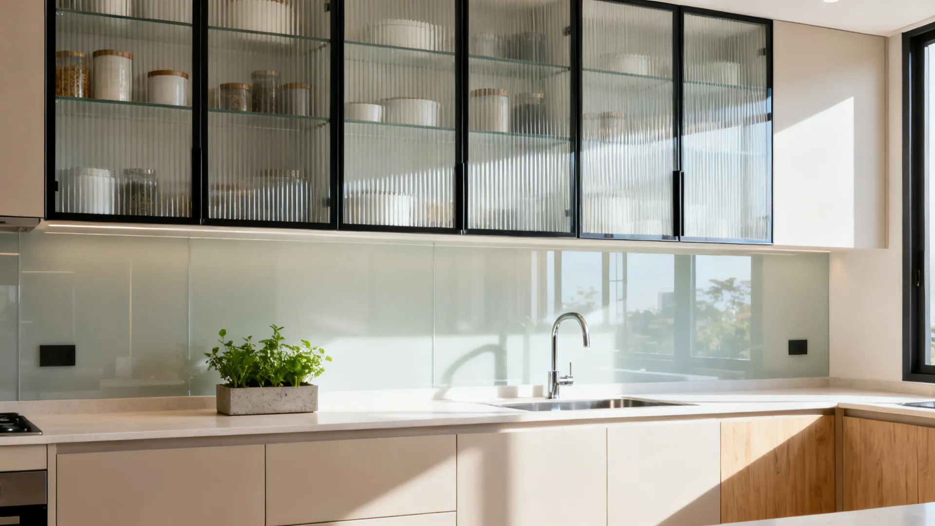 Ribbed glass upper cabinets and tempered glass backsplash brighten a small HDB kitchen.