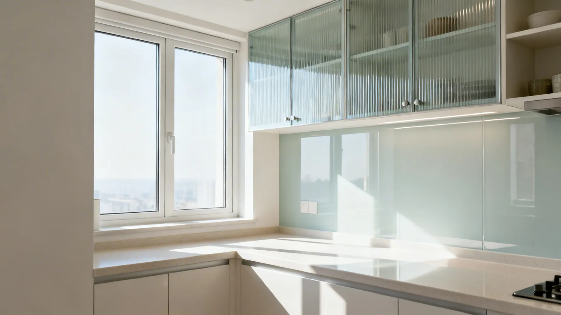 Ribbed glass upper cabinets with a glossy reflective backsplash brighten a compact kitchen.