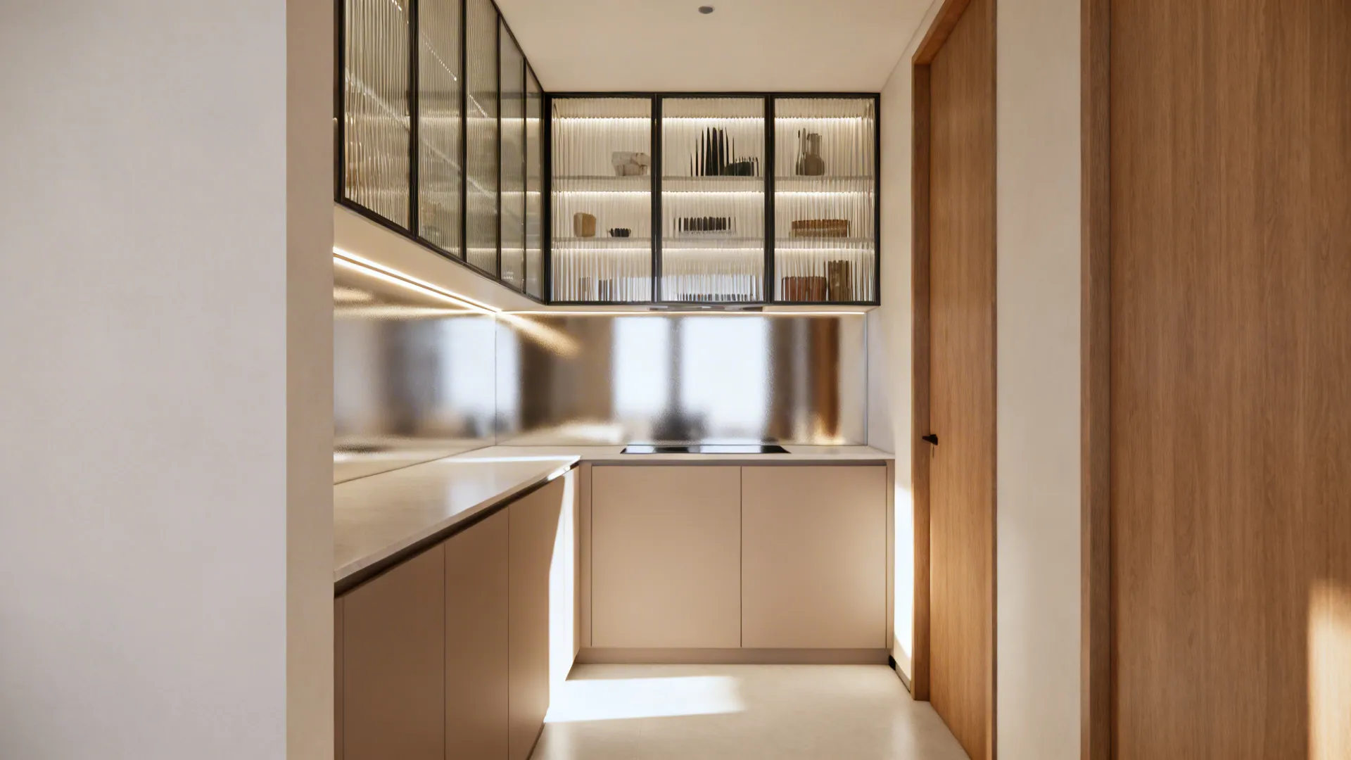 Minimalist kitchen featuring glass wall cabinets, steel backsplash, tan lower cabinets, and light wooden door