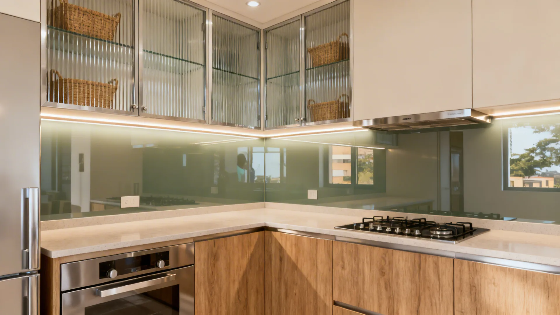 Compact kitchen with fluted glass uppers and a glossy glass backsplash that brightens the space.
