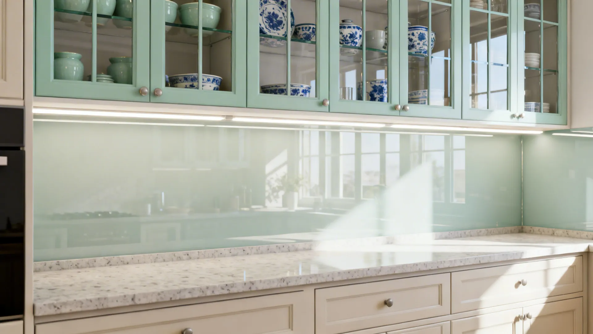 One-wall kitchen with low-iron glass uppers and a glossy glass backsplash that brightens the space.