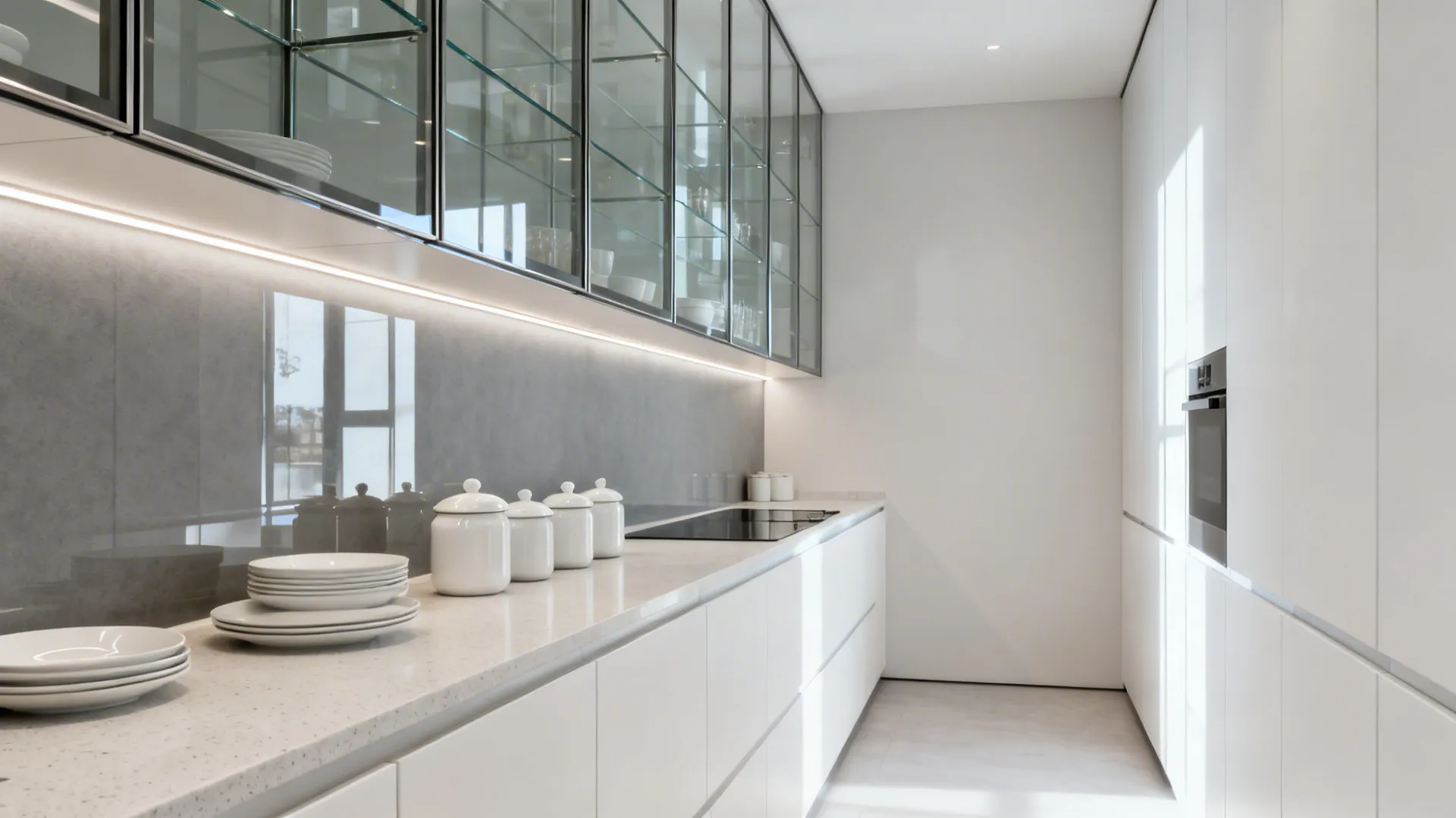 Galley kitchen with thin-framed glass upper cabinets and a soft gray back-painted glass backsplash.