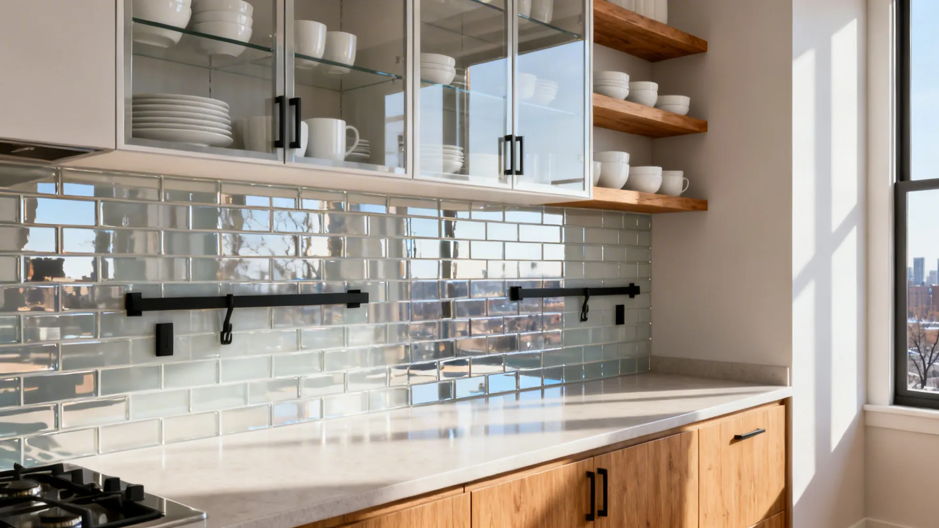 Glass-front upper cabinets with a glossy reflective backsplash brightening a small kitchen wall.
