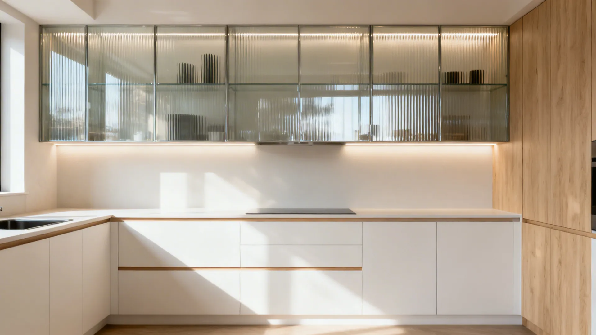 U-shaped kitchen with reeded glass uppers and a satin reflective glass backsplash.