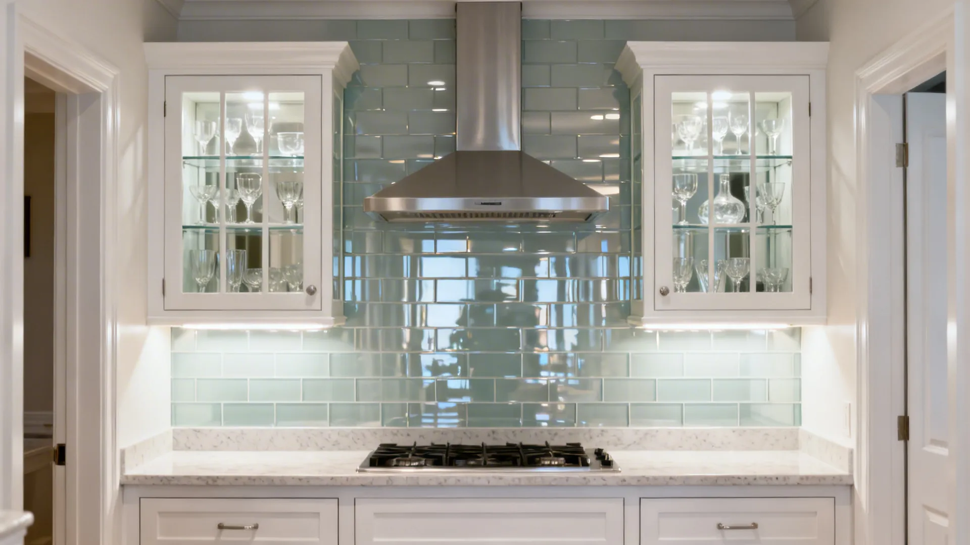 Glass-door uppers and a glossy reflective backsplash brighten a compact kitchen.