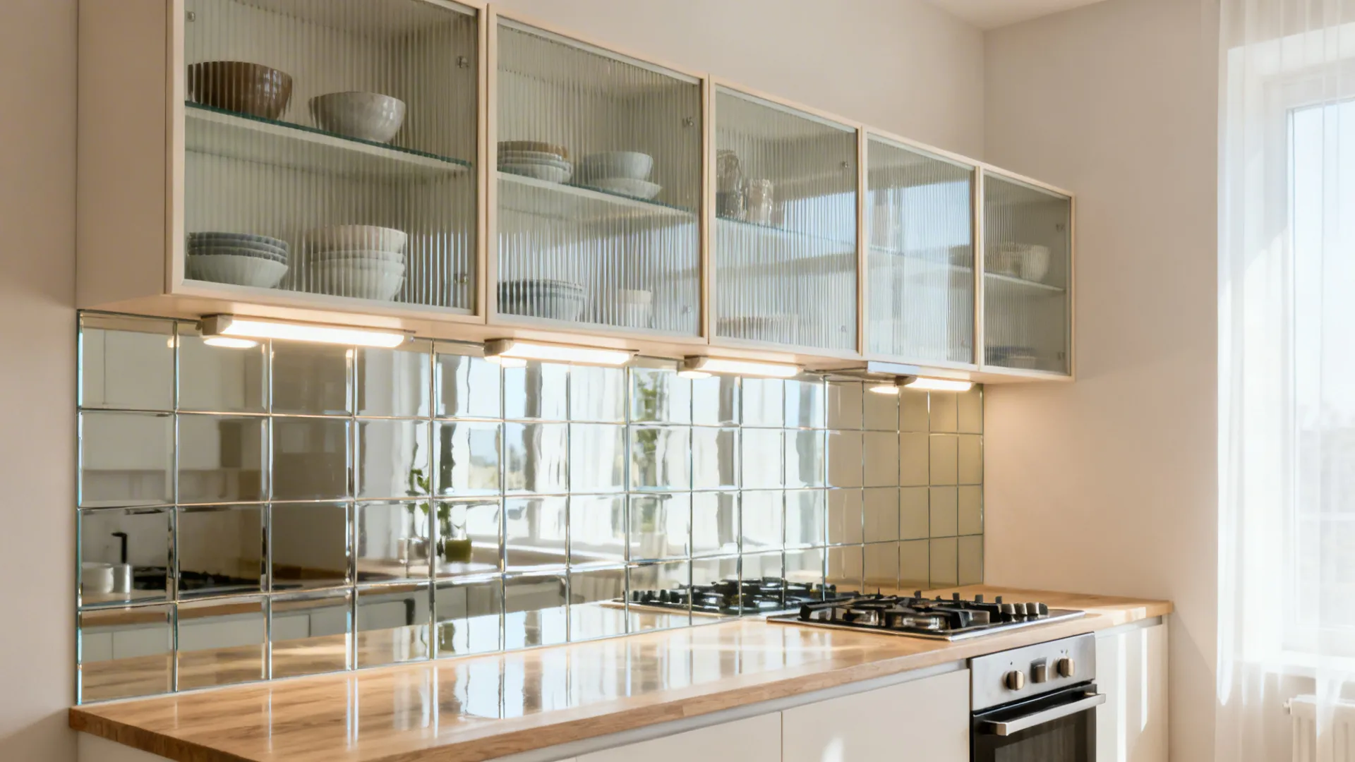 Fluted glass upper cabinets with a glossy glass backsplash reflecting soft light.