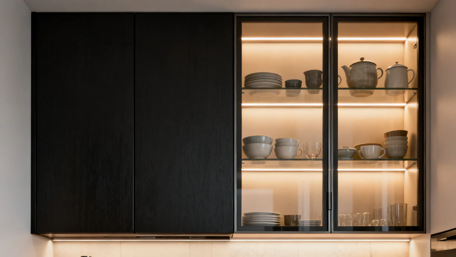 Before-and-after of upper cabinets changing from solid doors to glass-front with warm lighting and organized crockery.