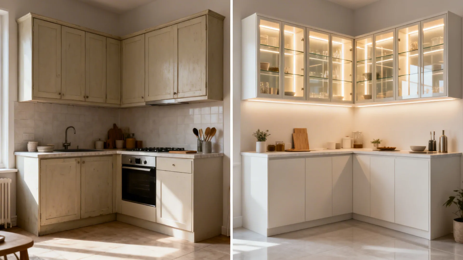 Before and after of a small L-kitchen switching to glass uppers for a lighter look.