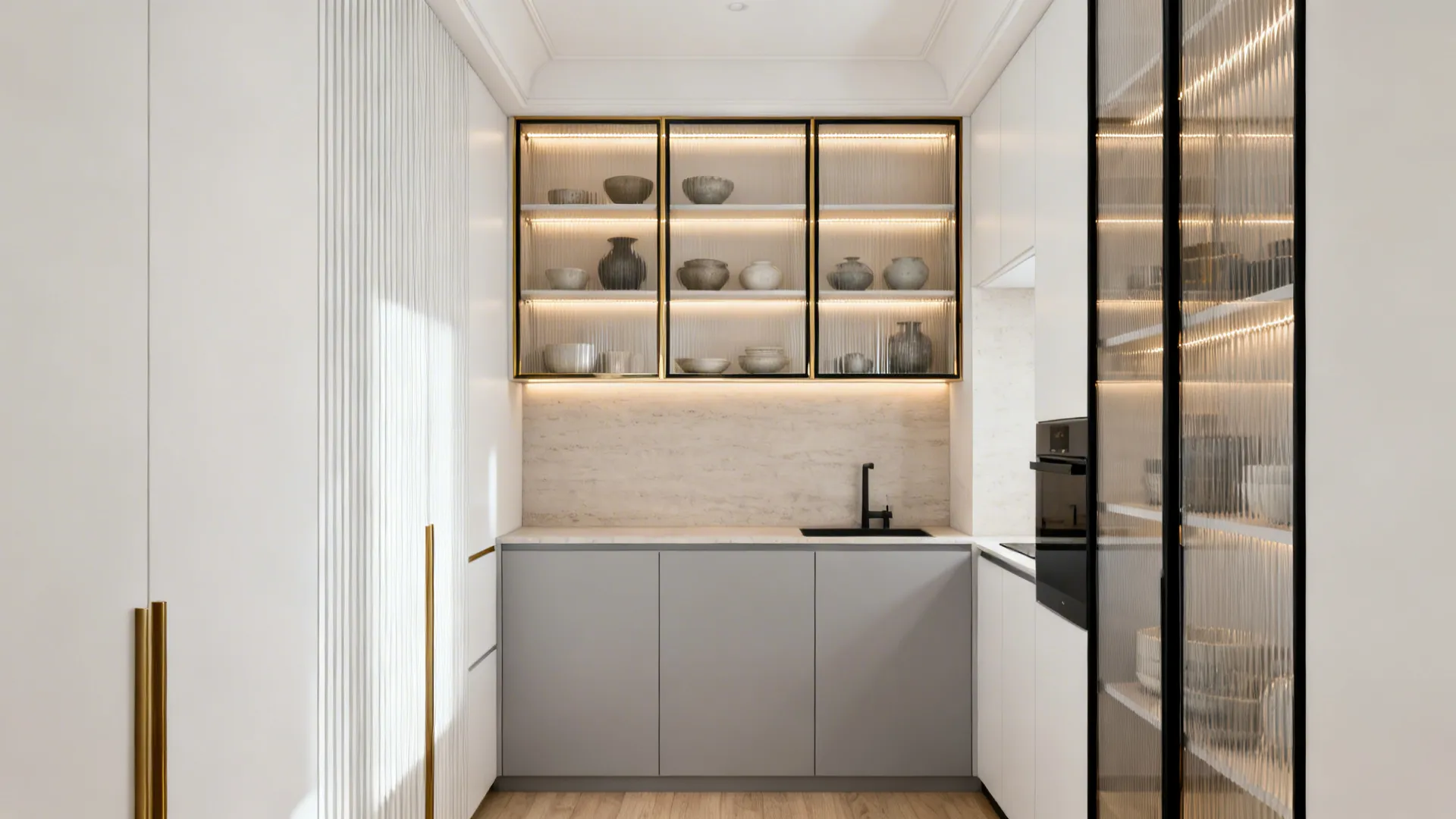 Compact kitchen with glass upper cabinets to the ceiling and warm LED lighting.