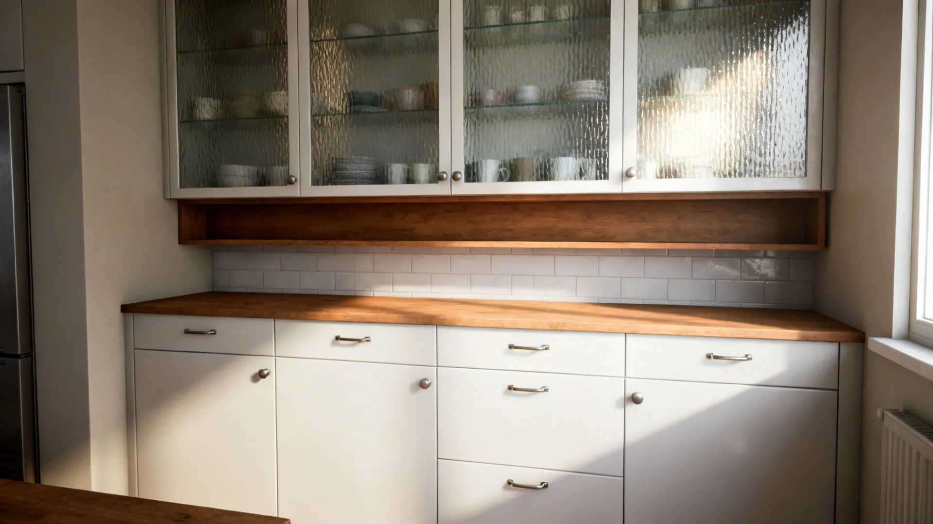 Apartment kitchen with reeded glass upper cabinets and solid matte lower cabinets for a light, open feel.