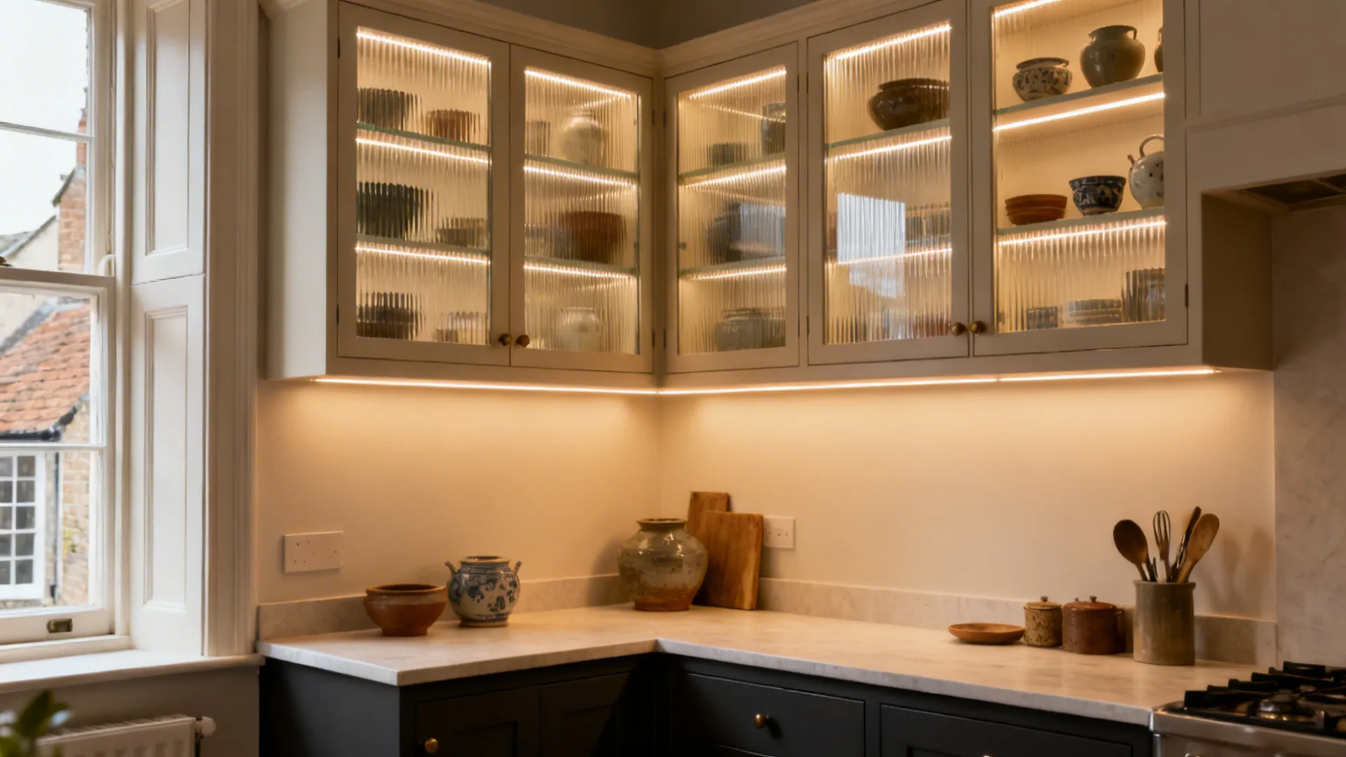 Bright kitchen corner with reeded glass upper cabinets and warm interior lighting.