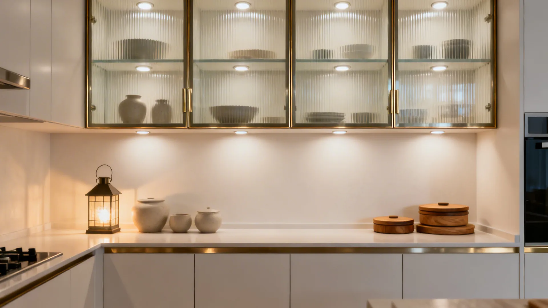 Slim-frame reeded glass upper cabinets with soft interior lighting above solid bases.
