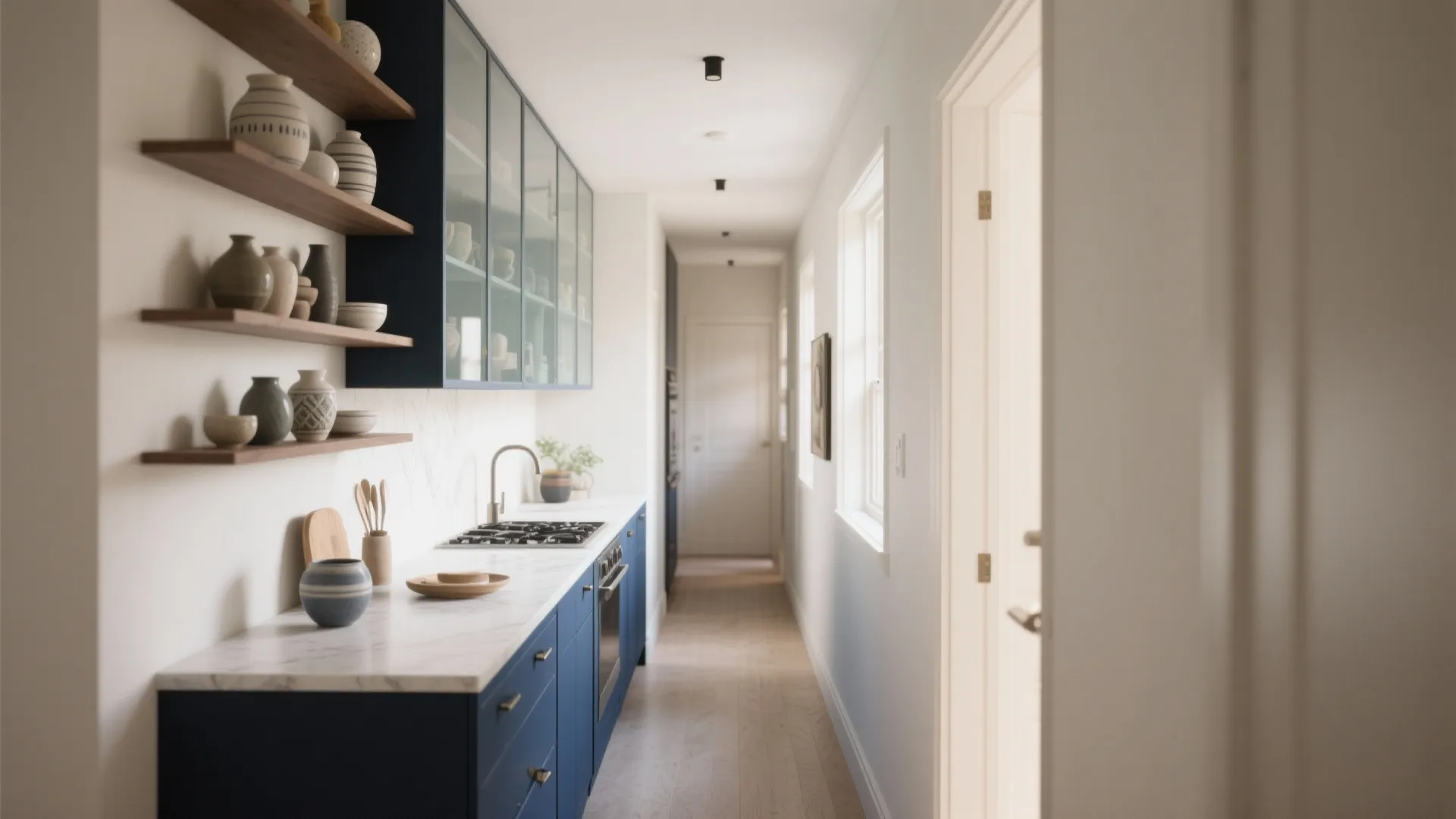 3. Keep upper cabinets light or glass-fronted